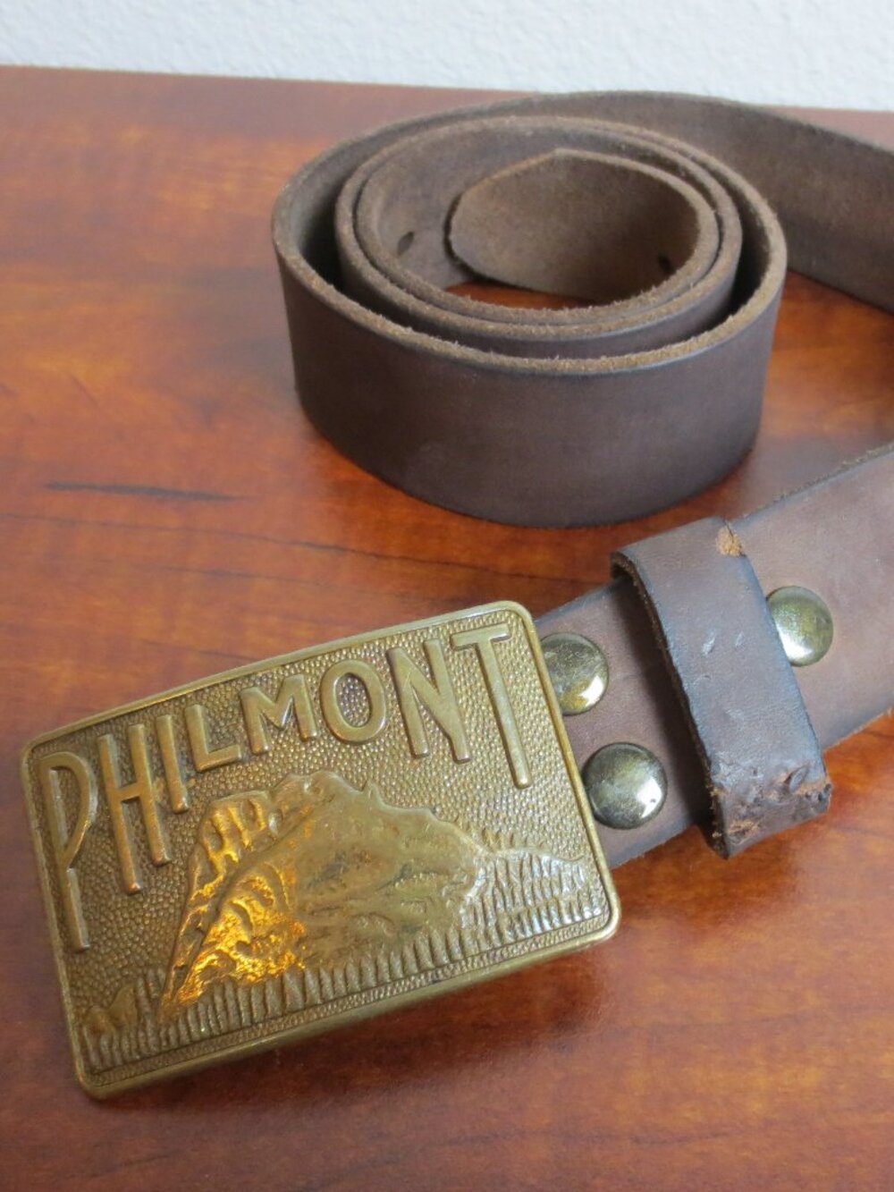 Philmont Belt Buckle Brass & NPET Leather Belt Size 40 Brown